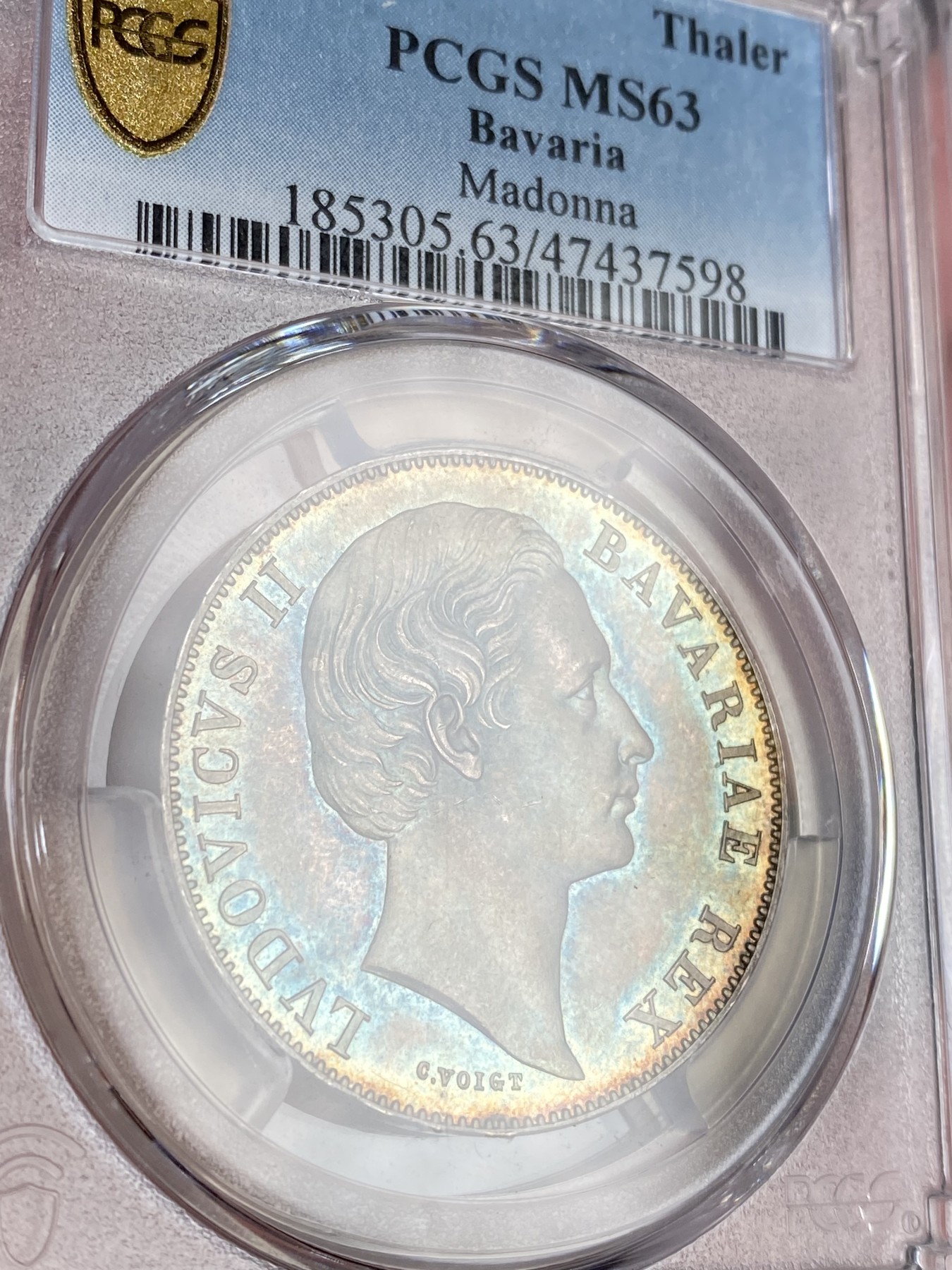 万国钱币拍卖第016期（奢华币章最终章） PCGS MS63 1868年德国巴伐利亚路德维希二世圣母抱婴流通1泰勒 极致让人致幻的冰火两重彩 青金五彩与赤红的完美结合 同分外拍已超过1000欧