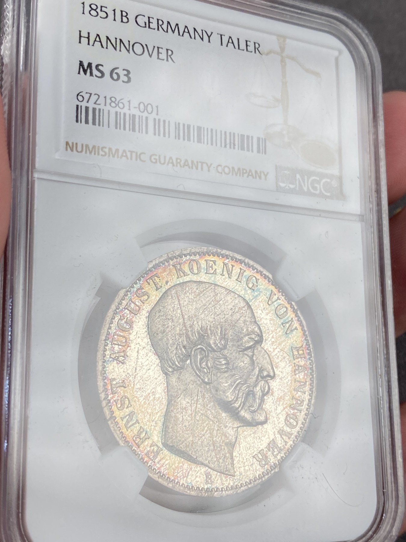 万国钱币拍卖第016期（奢华币章最终章） NGC MS63 1851年德国汉诺威奥古斯特一世盾徽哈慈矿业祈祷流通1泰勒 人像面有些许减重痕 这在后期机制泰勒中可以说是首见 通体五彩镜面 有重度PROOFLIKE感