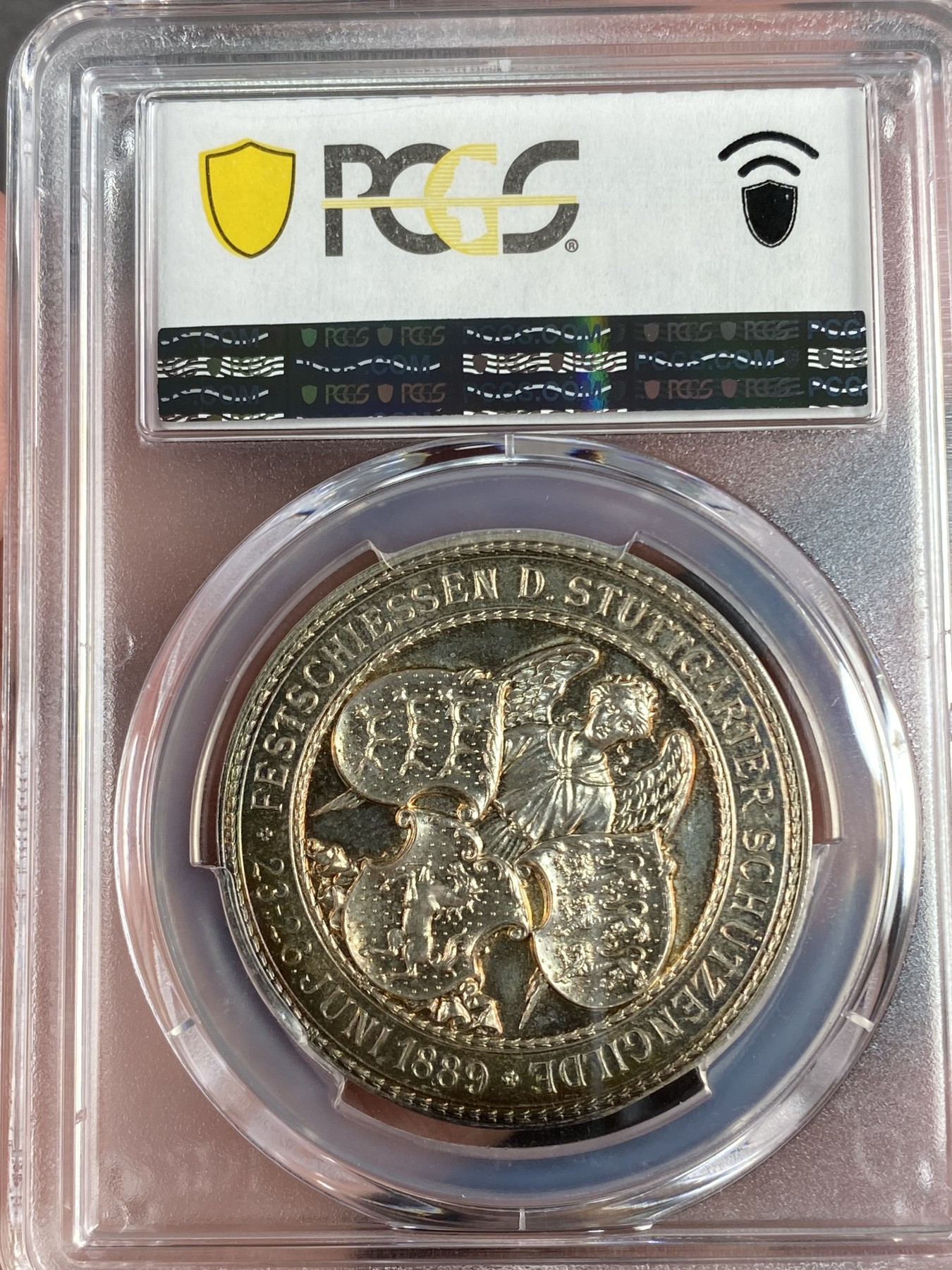 万国钱币拍卖第016期（奢华币章最终章） PCGS SP62 1889年德国符腾堡斯图加特纪念卡尔国王加冕25周年暨联邦射击节大银章 此品种所见几乎统统带有吊环 品种唯一冠军分 通体炫彩高浮雕 36MM 23G