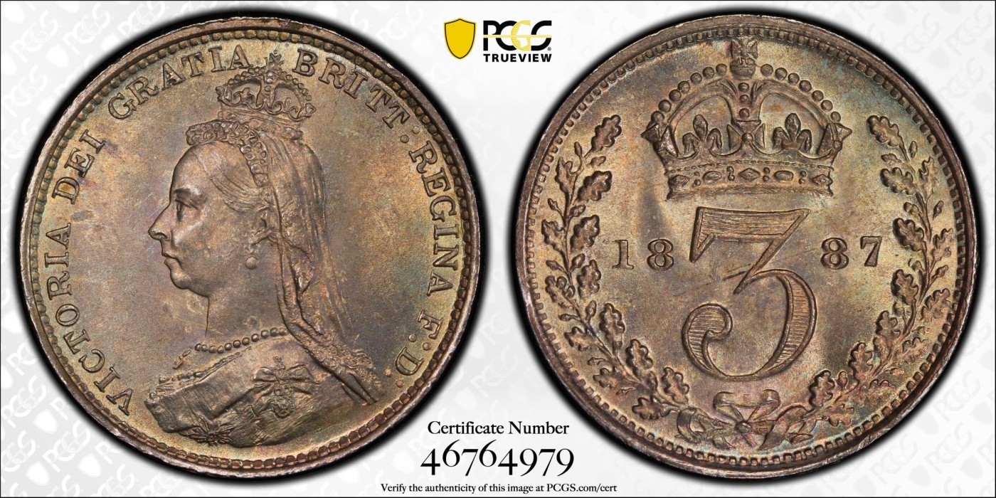 万国钱币拍卖第016期（奢华币章最终章） PCGS MS65 1887年英国高冠维多利亚3便士 青红色英式乌云包浆无比漂亮