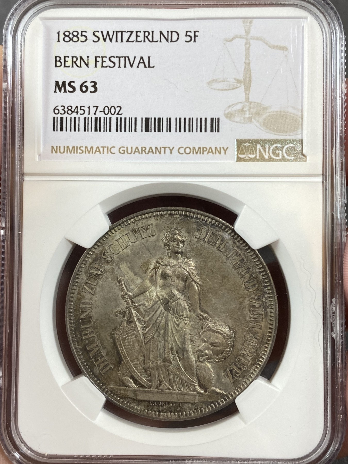 万国钱币拍卖第016期（奢华币章最终章） NGC MS63 1885年瑞士伯尔尼经典女神与伯尔尼熊5法郎 原味包浆 欧洲老藏家出品