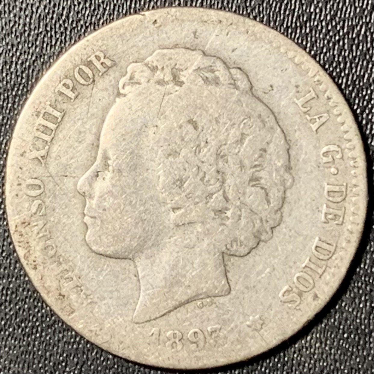 紫瑗钱币——第303期拍卖 西班牙 1893(93)年 阿方索十三世 爆炸头 1比塞塔 5克 0.835银