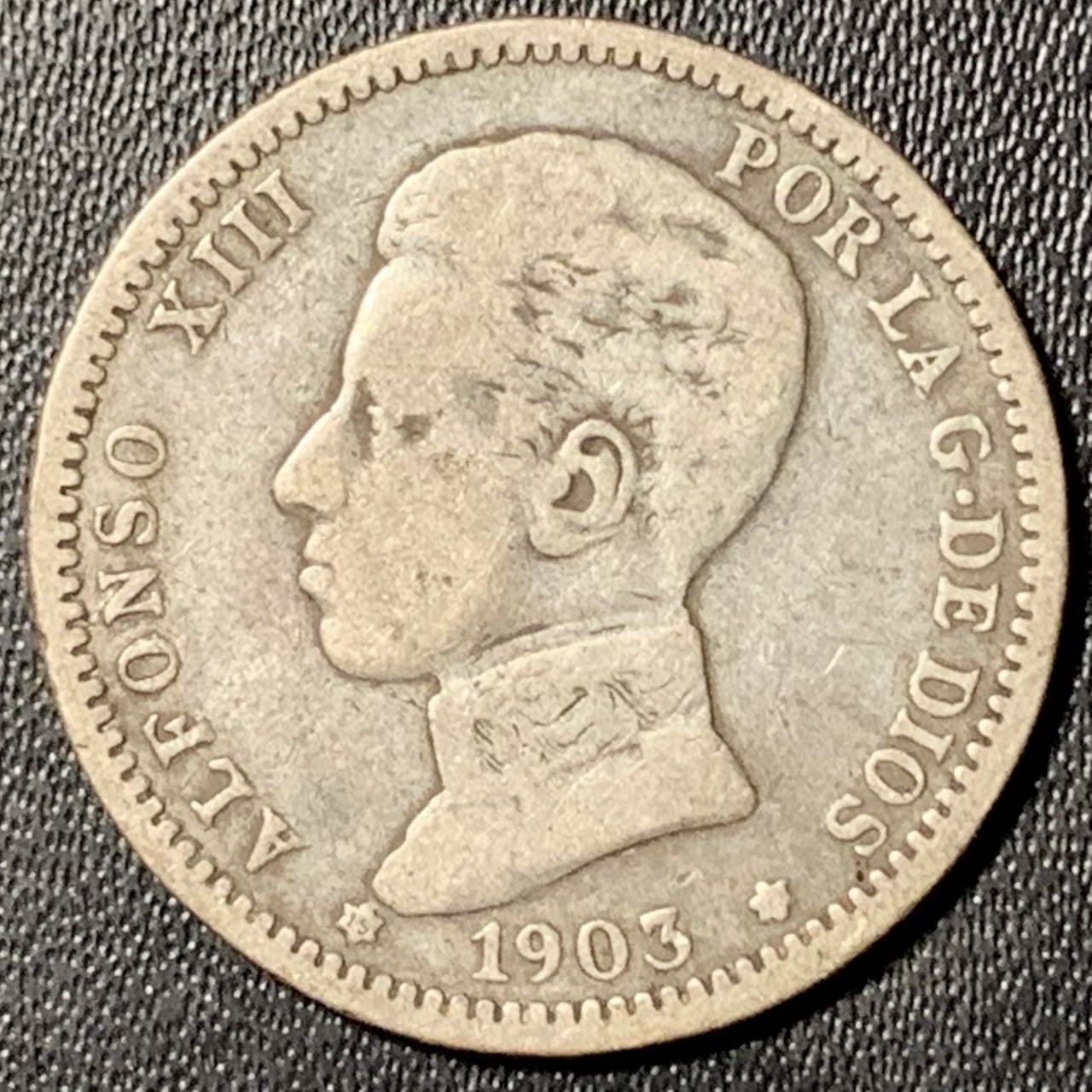 紫瑗钱币——第322期拍卖 西班牙 1903年 阿方索十三世 少年头 1比塞塔 5克 0.835银