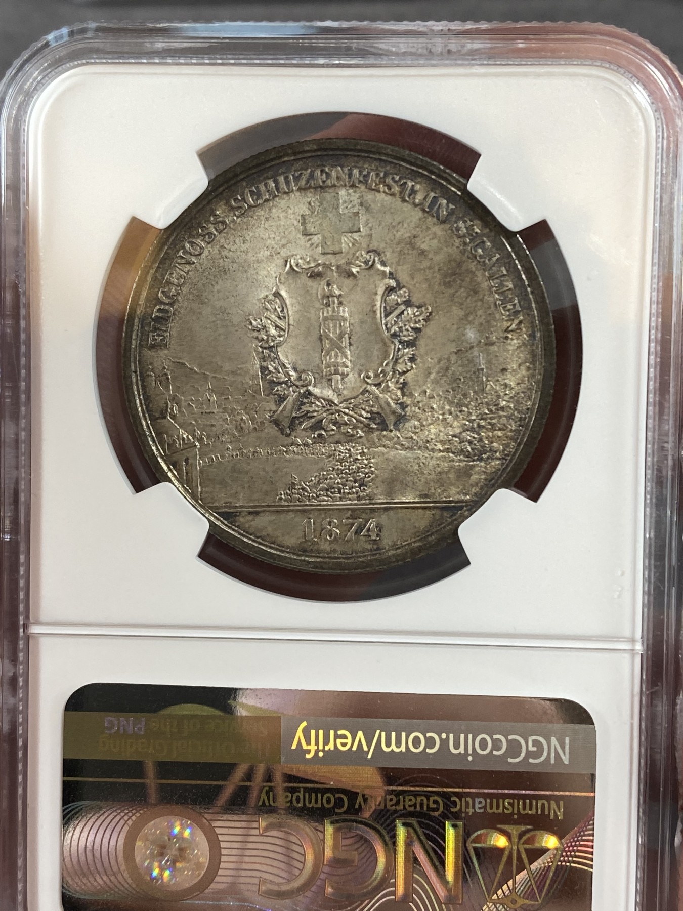 万国钱币拍卖第016期（奢华币章最终章） NGC MS63 1874年瑞士圣加伦经典指路5法郎银币 原味包浆 欧洲老藏家出品