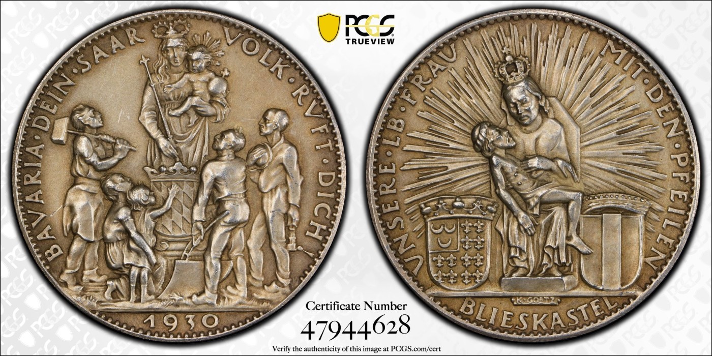 万国钱币拍卖第016期（奢华币章最终章） PCGS SP63 1930年德国巴伐利亚圣母抱婴像银章 名家卡尔哥茨艺术创作大爆发年份极少的作品之一 唯一冠军分 超前的艺术感至今仍有强烈的视觉冲击