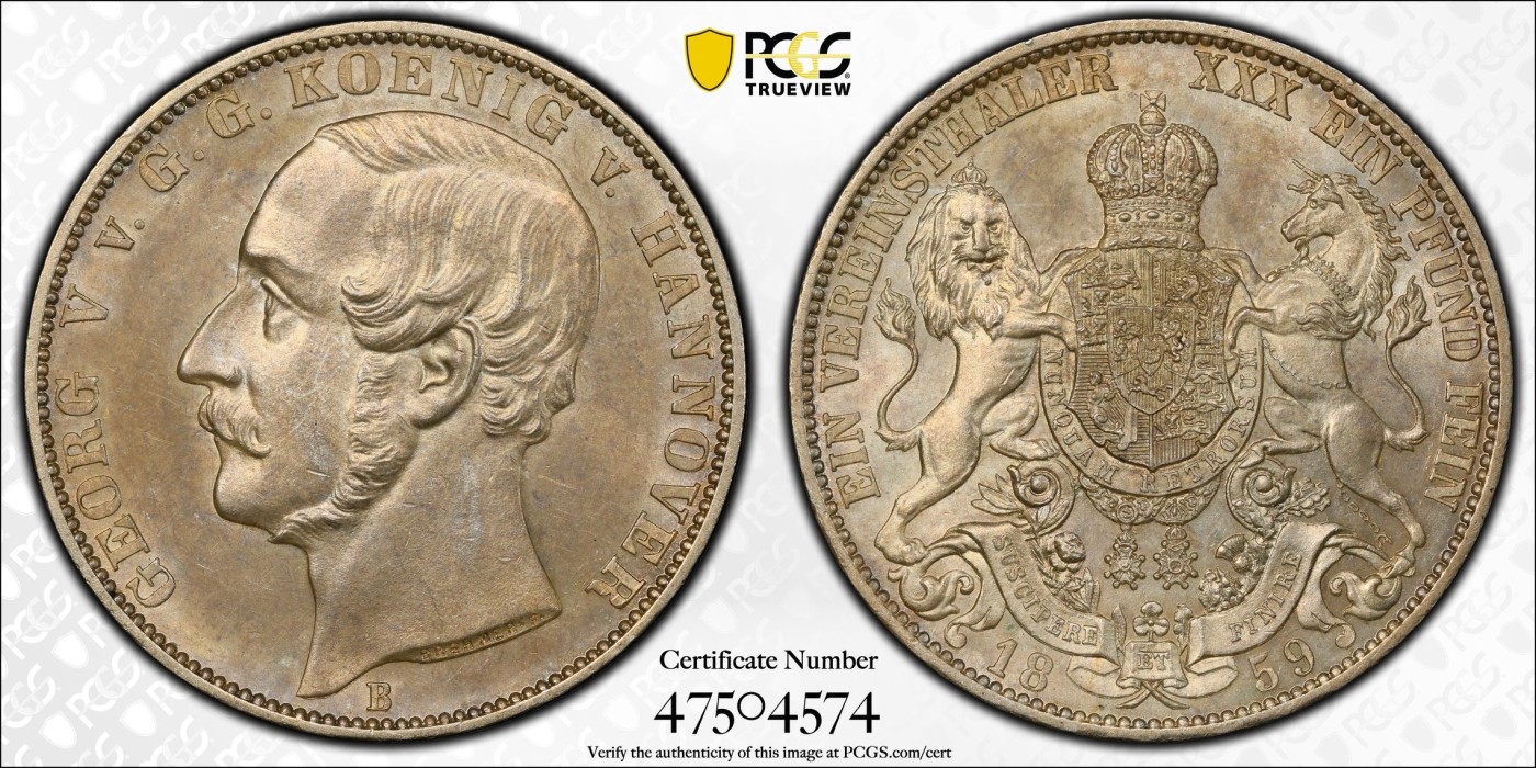 万国钱币拍卖第016期（奢华币章最终章） PCGS MS62 1859年德国汉诺威乔治五世狮马流通1泰勒 与1858年并列此品种极难极难极难年份，近期评出一枚最高分63，此前常年62冠军分，PC MS共计4枚