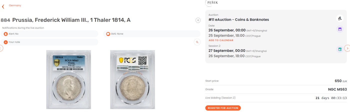 万国钱币拍卖第016期（奢华币章最终章） PCGS MS63 1814年德国普鲁士威廉三世流通1泰勒 战胜拿破仑的男人之一 创立铁十字勋章 同分欧洲拍卖会650欧起拍