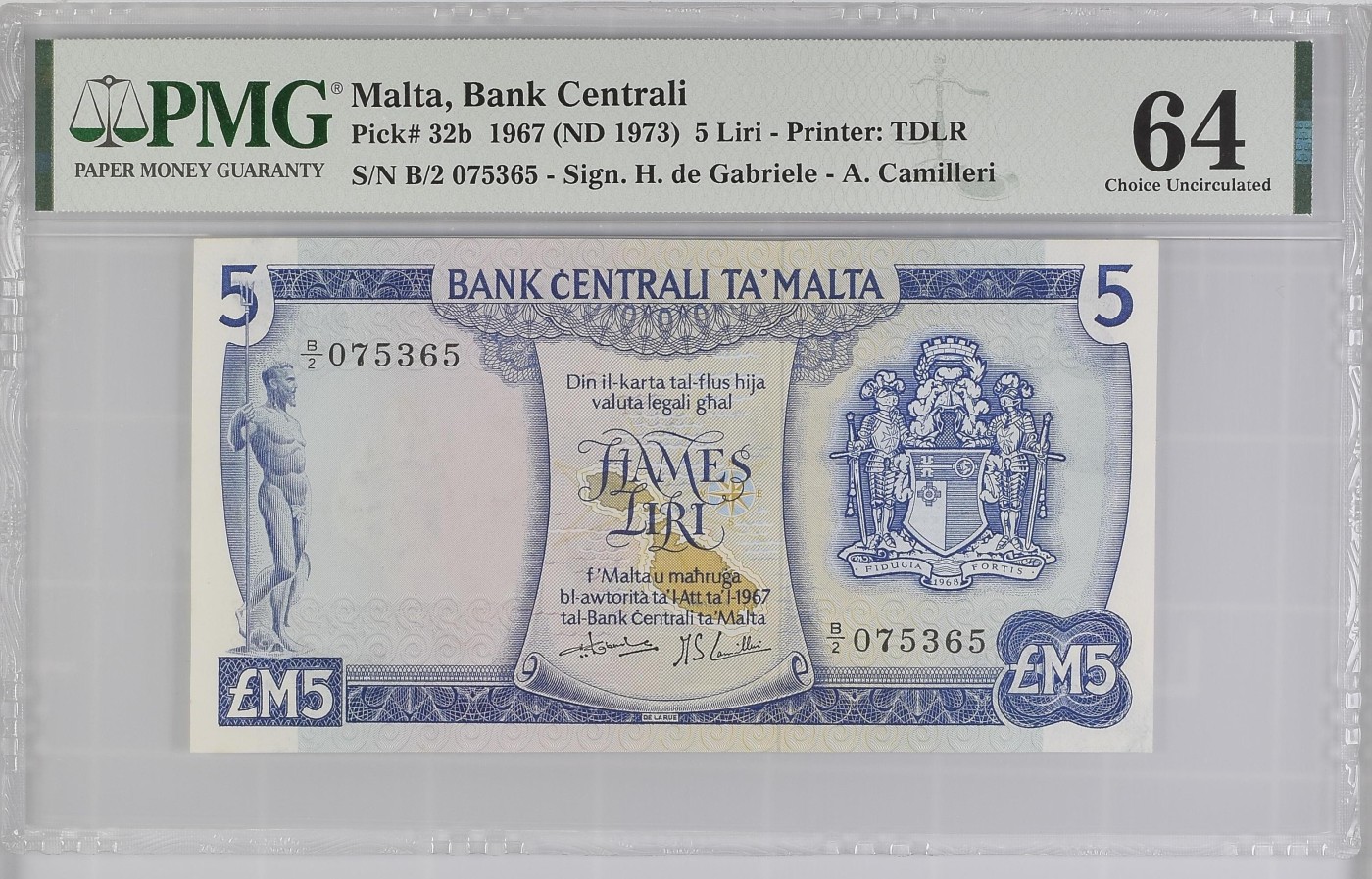 收藏联盟Quantum Auction 第287期拍卖  马耳他1967 (ND 1973)年5里拉 PMG64 德纳罗彩背 
