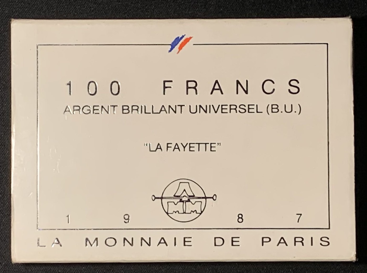紫瑗钱币——第303期拍卖 法国 1987年 拉斐特将军诞辰230周年 100法郎 15克 0.9银 造币厂原盒