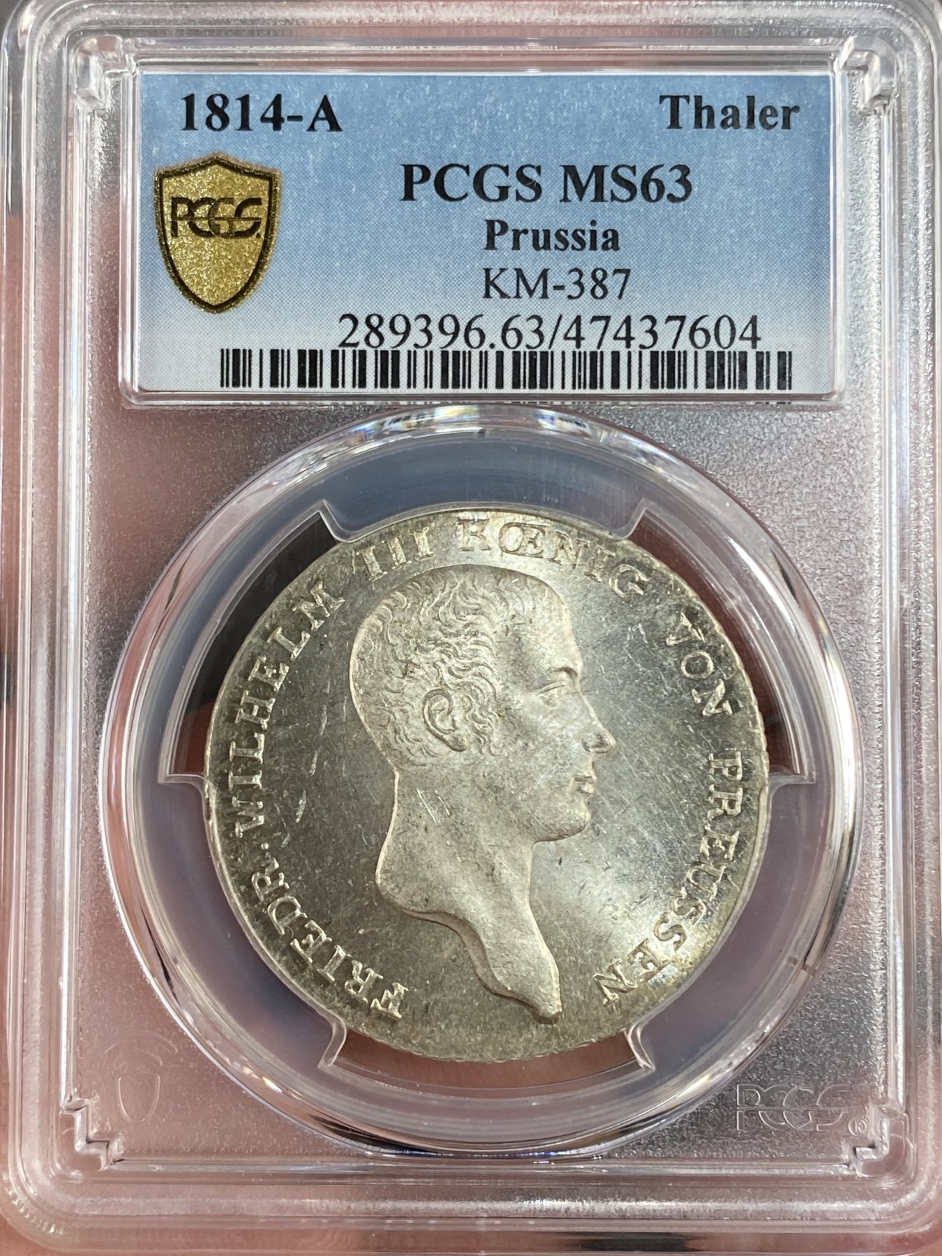 万国钱币拍卖第016期（奢华币章最终章） PCGS MS63 1814年德国普鲁士威廉三世流通1泰勒 战胜拿破仑的男人之一 创立铁十字勋章 同分欧洲拍卖会650欧起拍