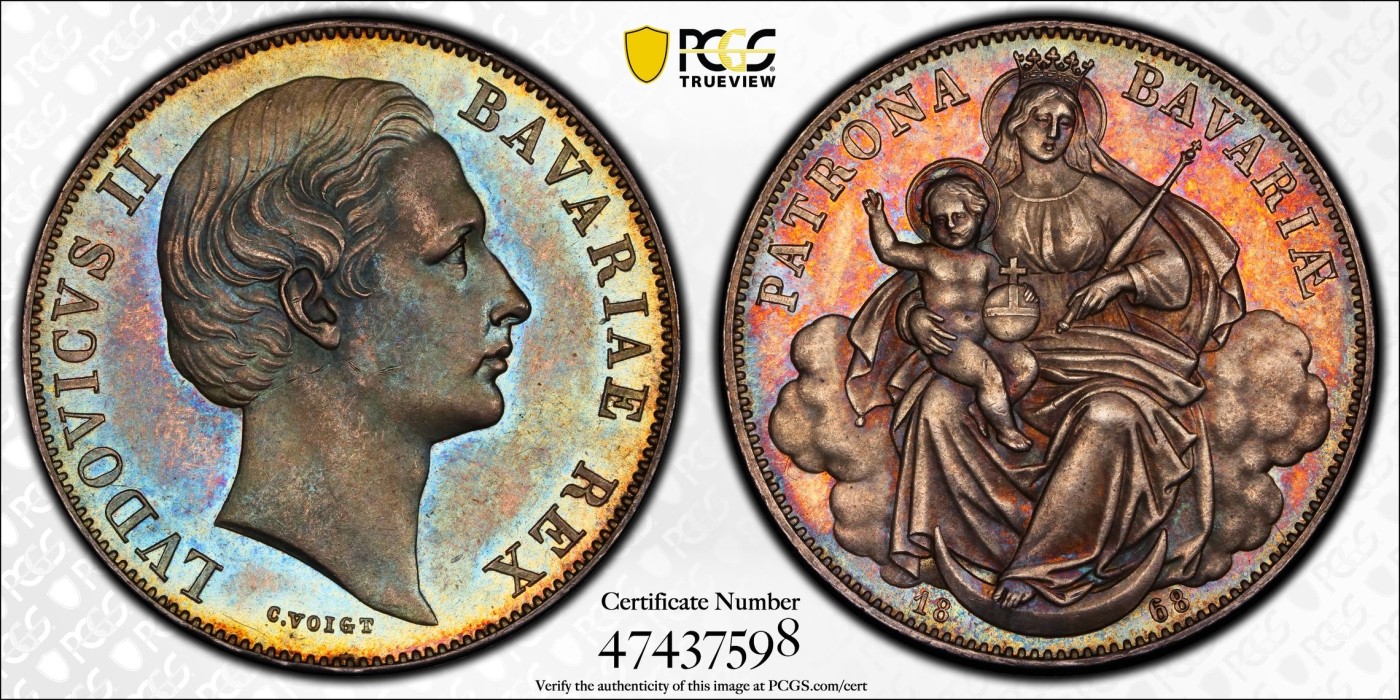 万国钱币拍卖第016期（奢华币章最终章） PCGS MS63 1868年德国巴伐利亚路德维希二世圣母抱婴流通1泰勒 极致让人致幻的冰火两重彩 青金五彩与赤红的完美结合 同分外拍已超过1000欧