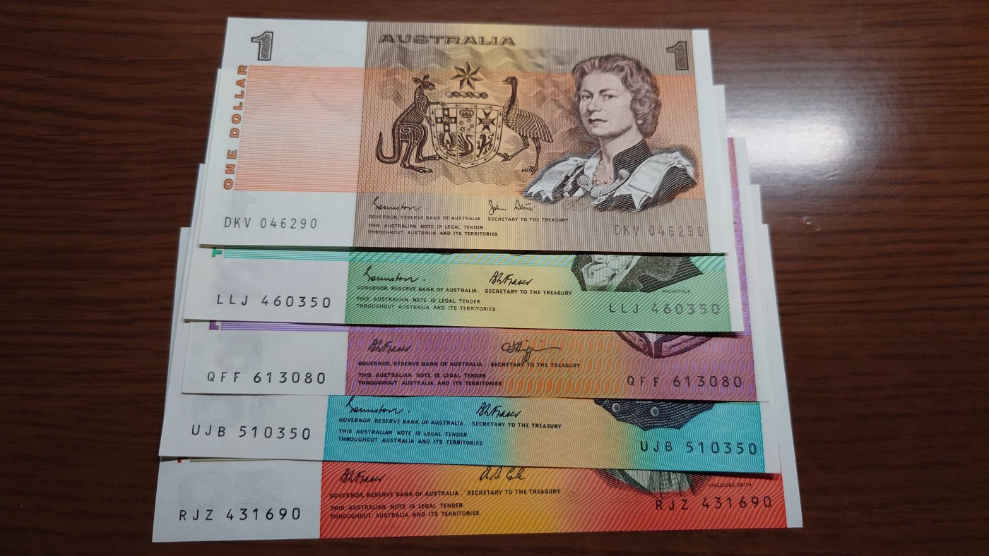 澳大利亚纸币1-2-5-10-20小套尾1同团购 绝品刀拆 免佣金（1-2-5-10也有零售另询）） 澳大利亚纸币1-2-5-10-20小全套 全新绝品刀拆 尾号0