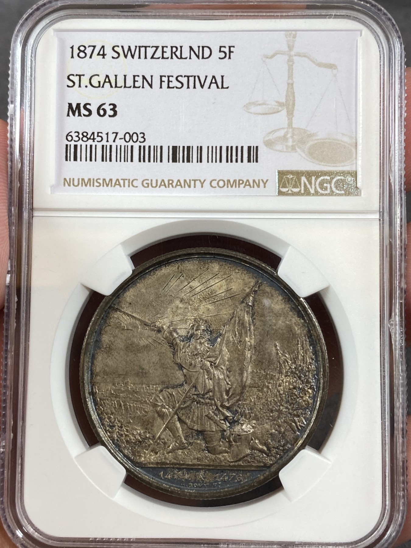 万国钱币拍卖第016期（奢华币章最终章） NGC MS63 1874年瑞士圣加伦经典指路5法郎银币 原味包浆 欧洲老藏家出品