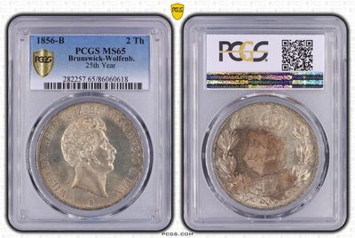 万国钱币拍卖第016期（奢华币章最终章） - PCGS MS65 1856年德国不伦瑞克公国-沃尔芬比特尔公爵威廉·弗里德里希继位25周年纪念流通2泰勒 唯一亚军分 到65分的2泰勒已经是另外一个物种了 