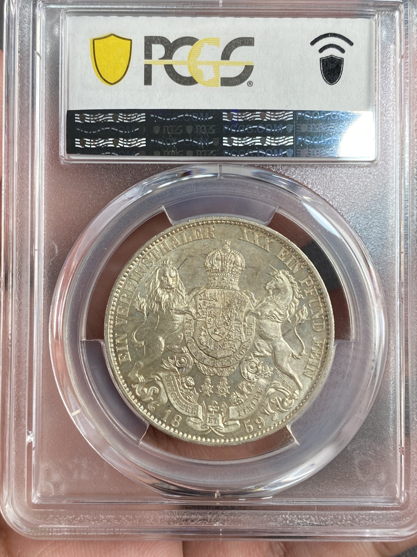 万国钱币拍卖第016期（奢华币章最终章） PCGS MS62 1859年德国汉诺威乔治五世狮马流通1泰勒 与1858年并列此品种极难极难极难年份，近期评出一枚最高分63，此前常年62冠军分，PC MS共计4枚