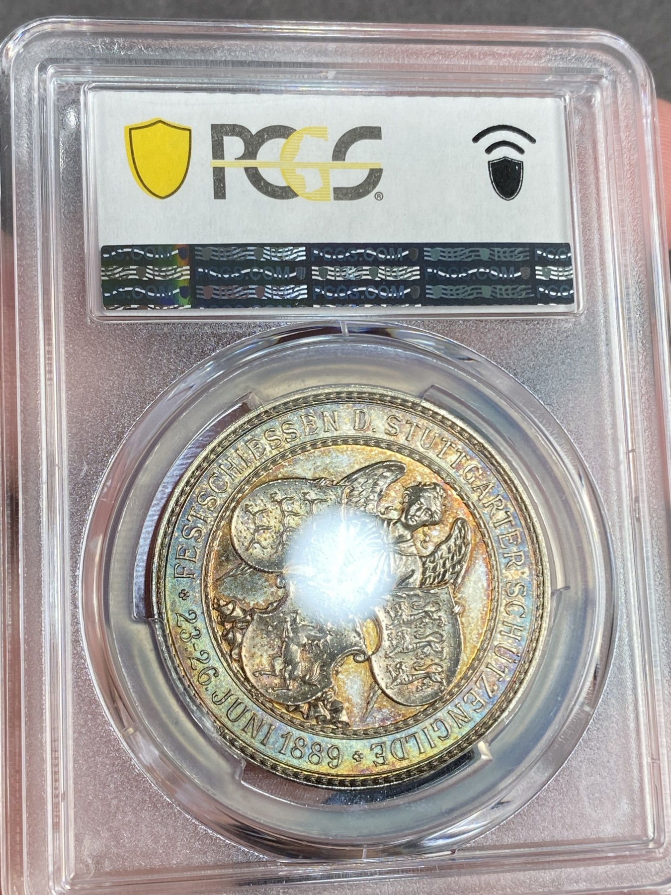 万国钱币拍卖第016期（奢华币章最终章） PCGS SP62 1889年德国符腾堡斯图加特纪念卡尔国王加冕25周年暨联邦射击节大银章 此品种所见几乎统统带有吊环 品种唯一冠军分 通体炫彩高浮雕 36MM 23G