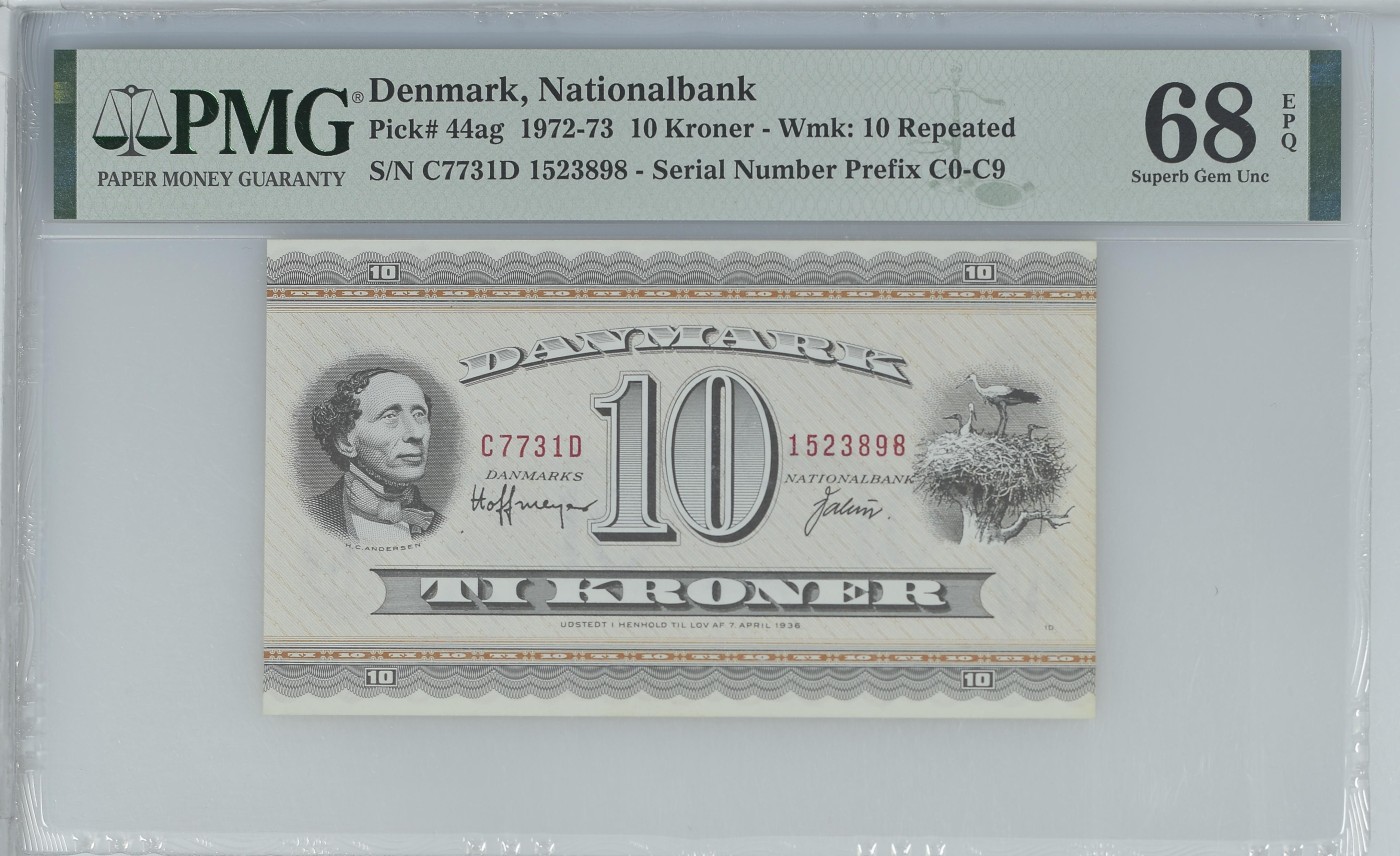 收藏联盟Quantum Auction 第287期拍卖  丹麦1972-73年10克朗 PMG68 冠军分 号码无47 童话大师安徒生