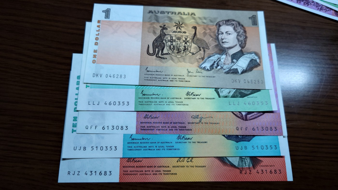 澳大利亚纸币1-2-5-10-20小套尾1同团购 绝品刀拆 免佣金（1-2-5-10也有零售另询）） 澳大利亚纸币1-2-5-10-20小全套 全新绝品刀拆 尾号3