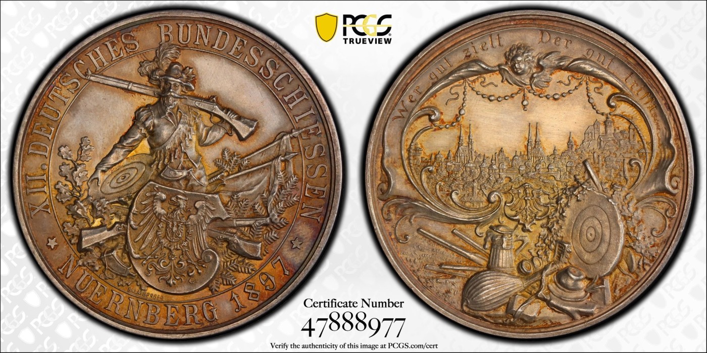 万国钱币拍卖第016期（奢华币章最终章） PCGS SP60 1897年德国纽伦堡帝国第十二届联邦射击节大银章 经典品种金色包浆 40MM 29G