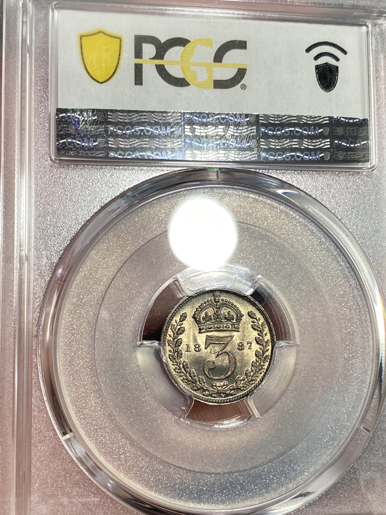 万国钱币拍卖第016期（奢华币章最终章） PCGS MS65 1887年英国高冠维多利亚3便士 青红色英式乌云包浆无比漂亮