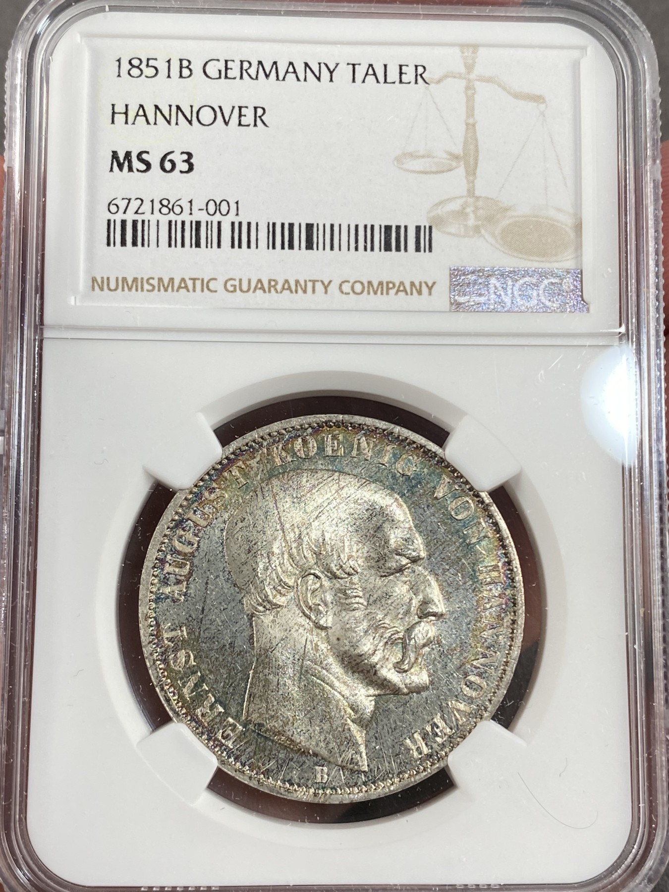 万国钱币拍卖第016期（奢华币章最终章） NGC MS63 1851年德国汉诺威奥古斯特一世盾徽哈慈矿业祈祷流通1泰勒 人像面有些许减重痕 这在后期机制泰勒中可以说是首见 通体五彩镜面 有重度PROOFLIKE感
