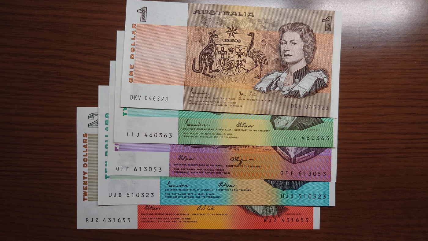 澳大利亚纸币1-2-5-10-20小套尾1同团购 绝品刀拆 免佣金（1-2-5-10也有零售另询）） 澳大利亚纸币1-2-5-10-20小全套 全新绝品刀拆 尾号3