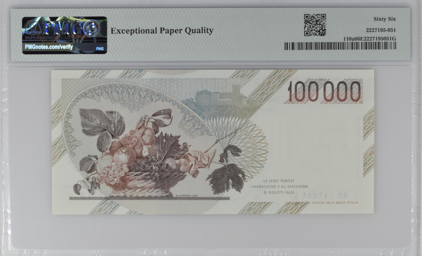 紫瑗钱币——第302期拍卖—纸币场 【PMG 66EPQ】意大利 1983年 达·卡拉瓦乔 水果篮 初版 100000里拉 (P-100a)