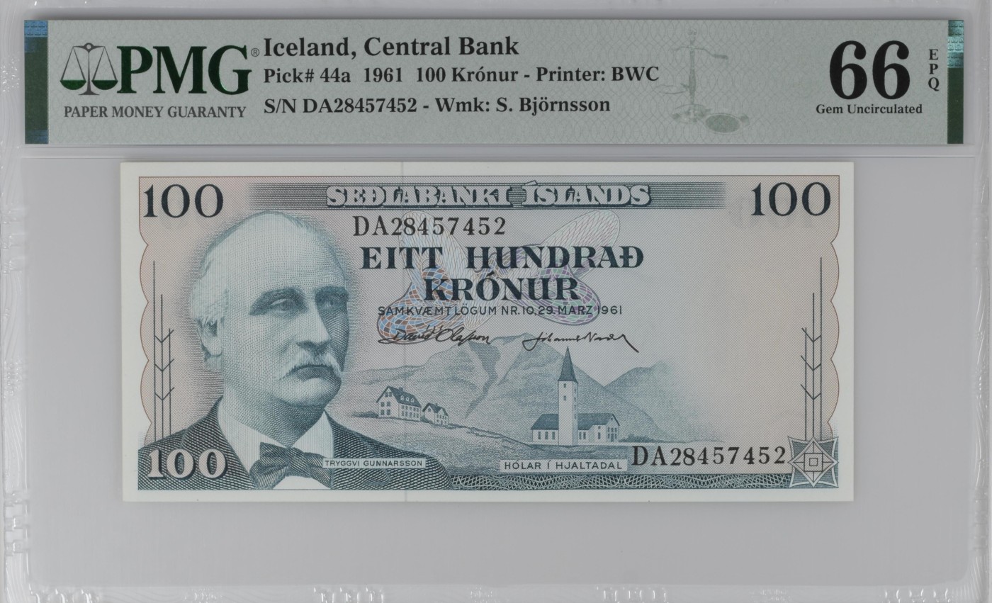 紫瑗钱币——第302期拍卖—纸币场 【首发 PMG 66EPQ】冰岛 1961年 100克朗 （P-44a）