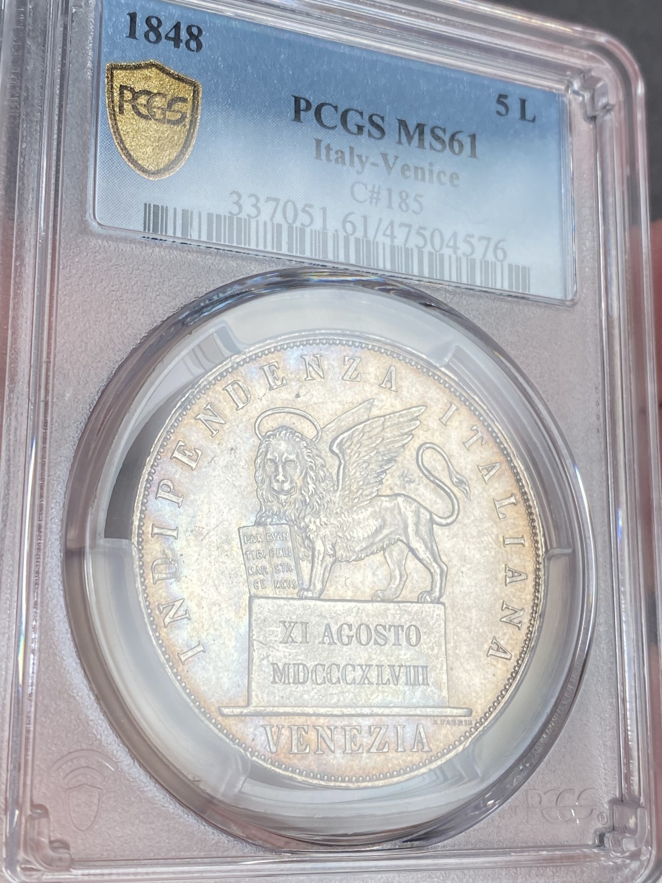 万国钱币拍卖第016期（奢华币章最终章） PCGS MS61 1848年意大利威尼斯临时革命政府飞翔的雄狮5里拉大银币 第二种形态 原味五彩深打 非常漂亮的名誉品种