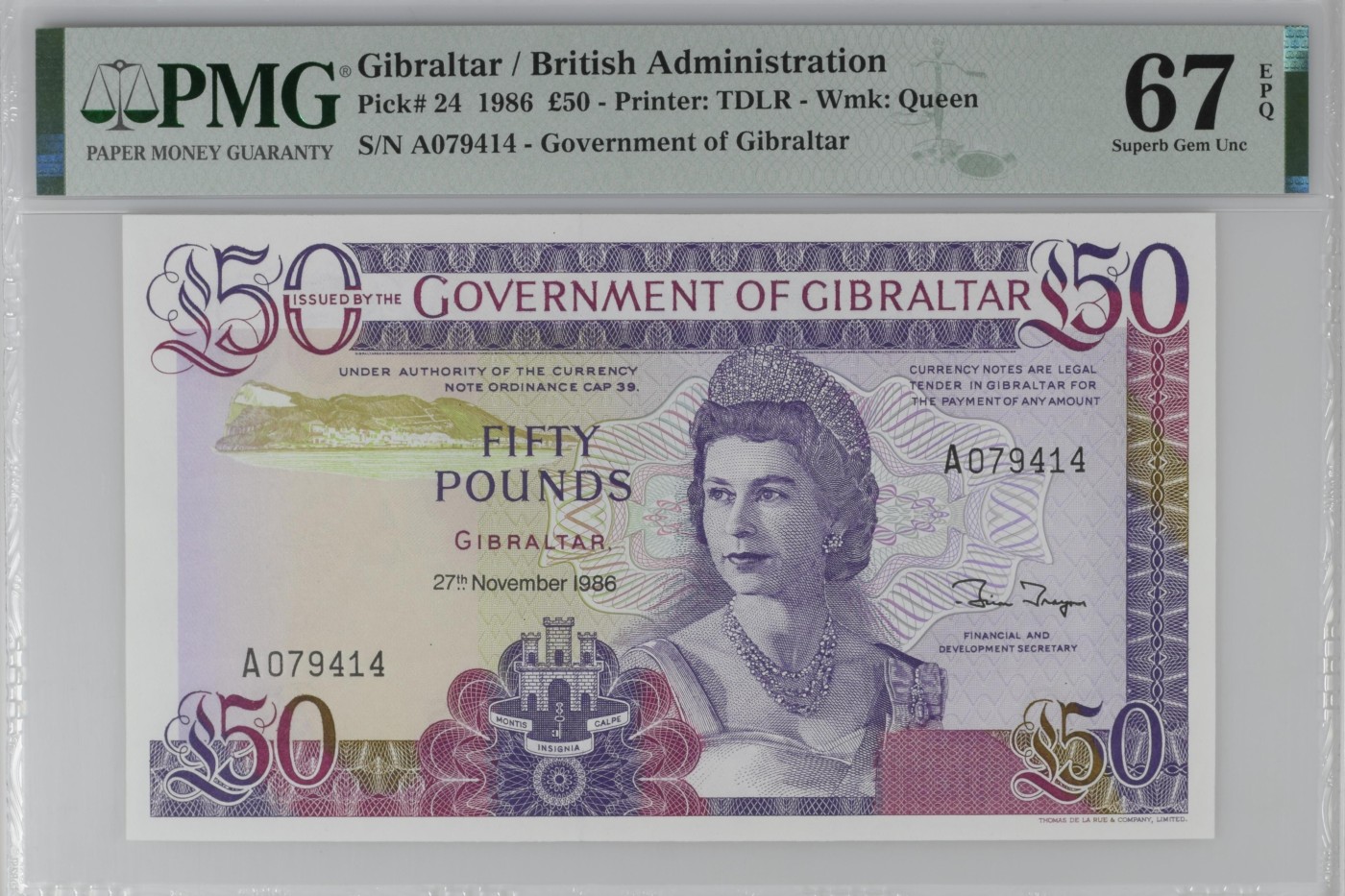 紫瑗钱币——第302期拍卖—纸币场 【首发A冠 PMG 67EPQ】 直布罗陀 1986年 伊丽莎白二世 高冠 50镑 (P-24)