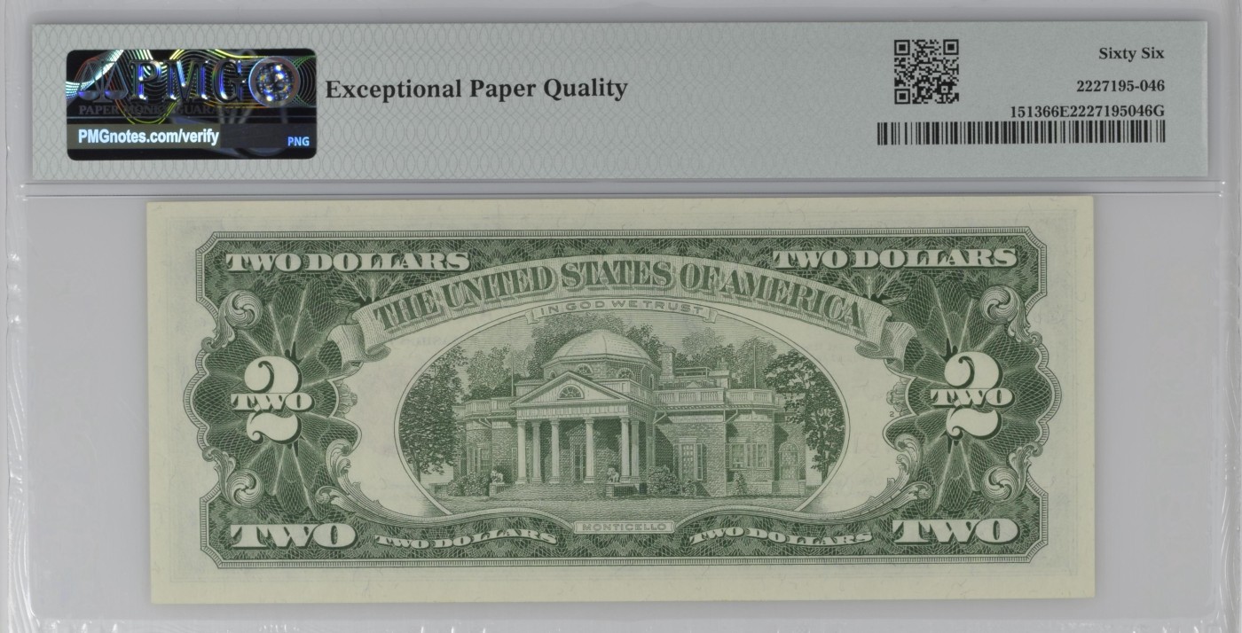 紫瑗钱币——第302期拍卖—纸币场 【PMG 66EPQ】美国 1963年 托马斯·杰斐逊 2美元 红印 (Fr-1513)