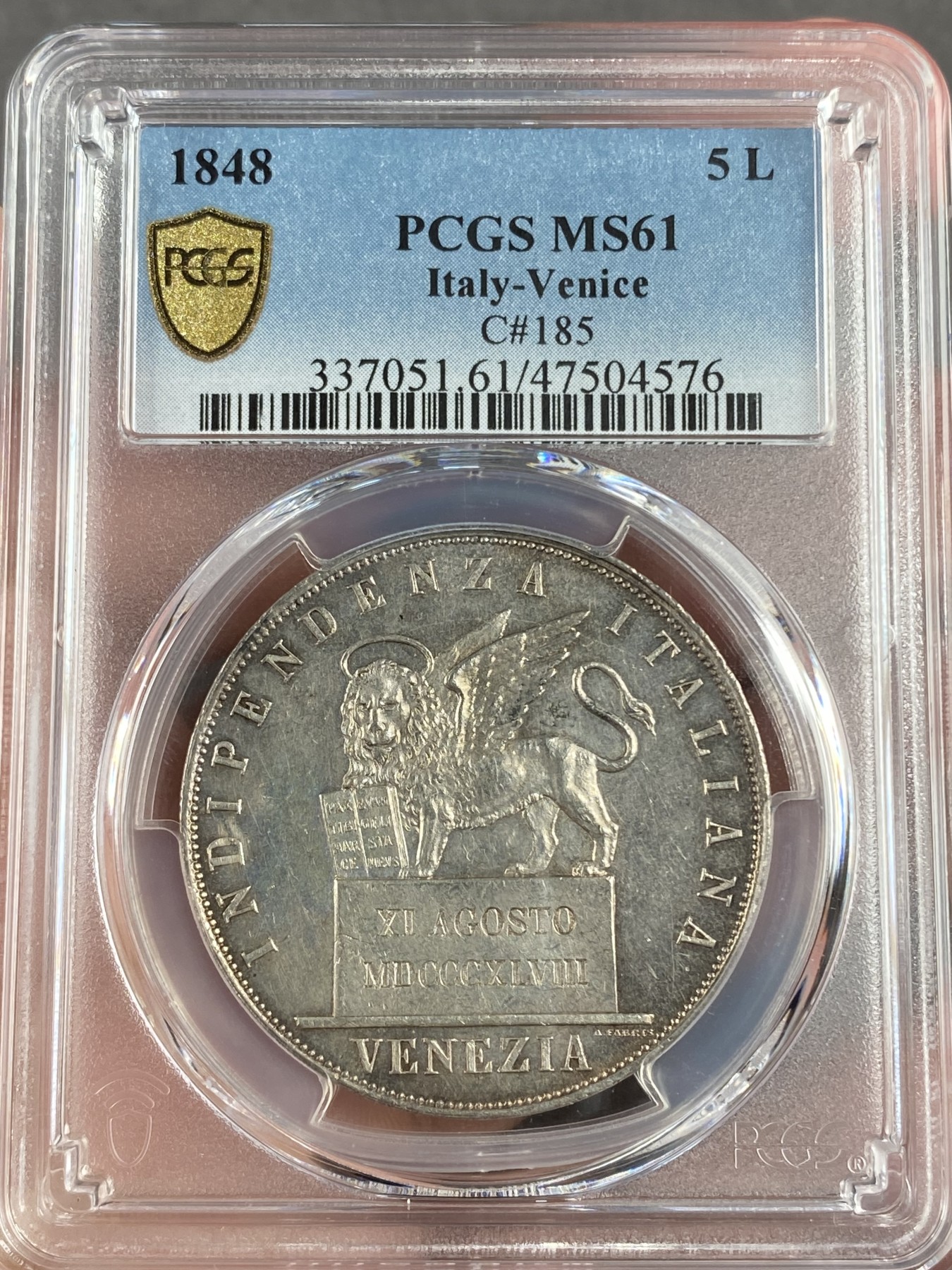万国钱币拍卖第016期（奢华币章最终章） PCGS MS61 1848年意大利威尼斯临时革命政府飞翔的雄狮5里拉大银币 第二种形态 原味五彩深打 非常漂亮的名誉品种