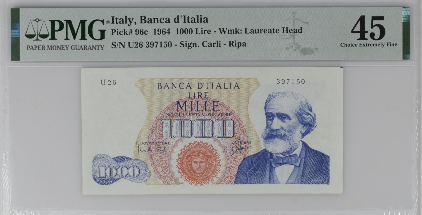 紫瑗钱币——第302期拍卖—纸币场 【首发 PMG 45】意大利 1964年 威尔第 1000里拉 (P-96c)