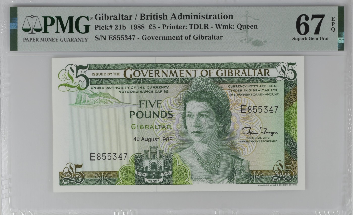 紫瑗钱币——第302期拍卖—纸币场 【PMG 67EPQ】直布罗陀 1988年 伊丽莎白二世 高冠 5镑 (P-21b)