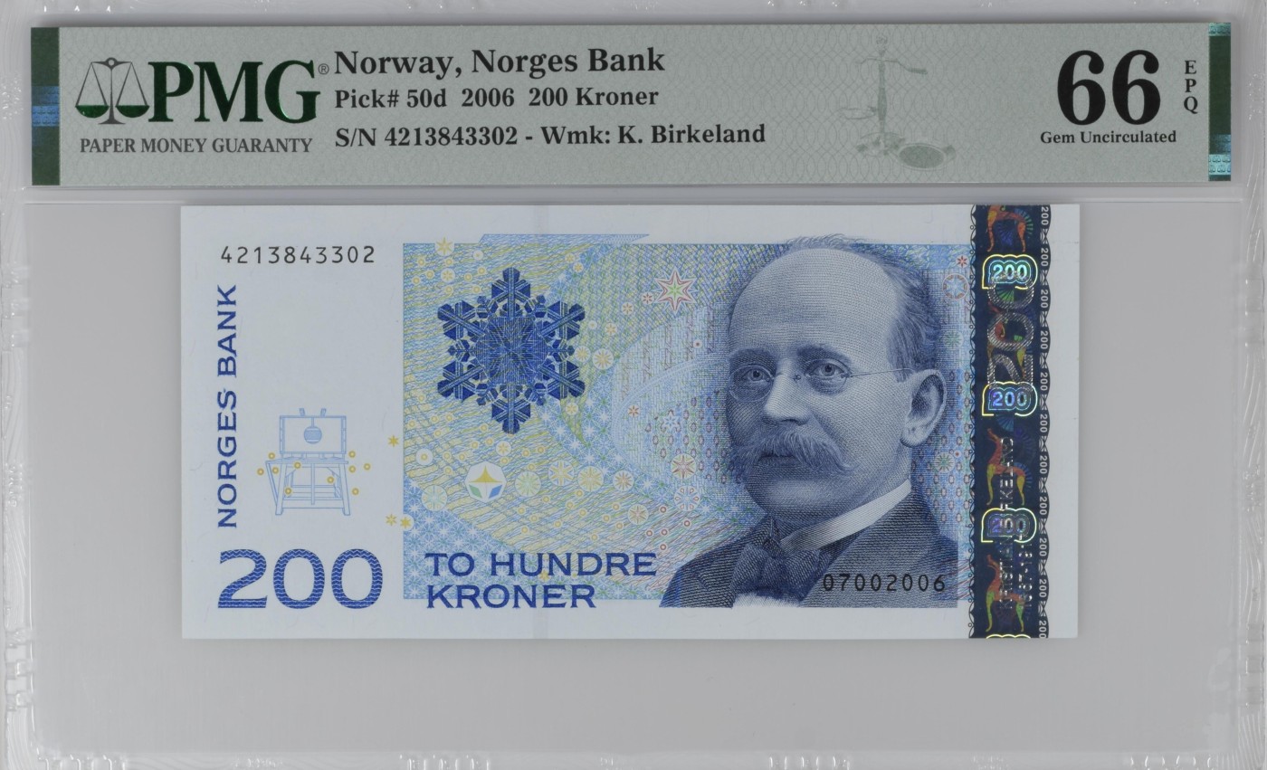 紫瑗钱币——第302期拍卖—纸币场 【PMG 66EPQ】挪威 2006年 伯克兰 200克朗 (P-50d)