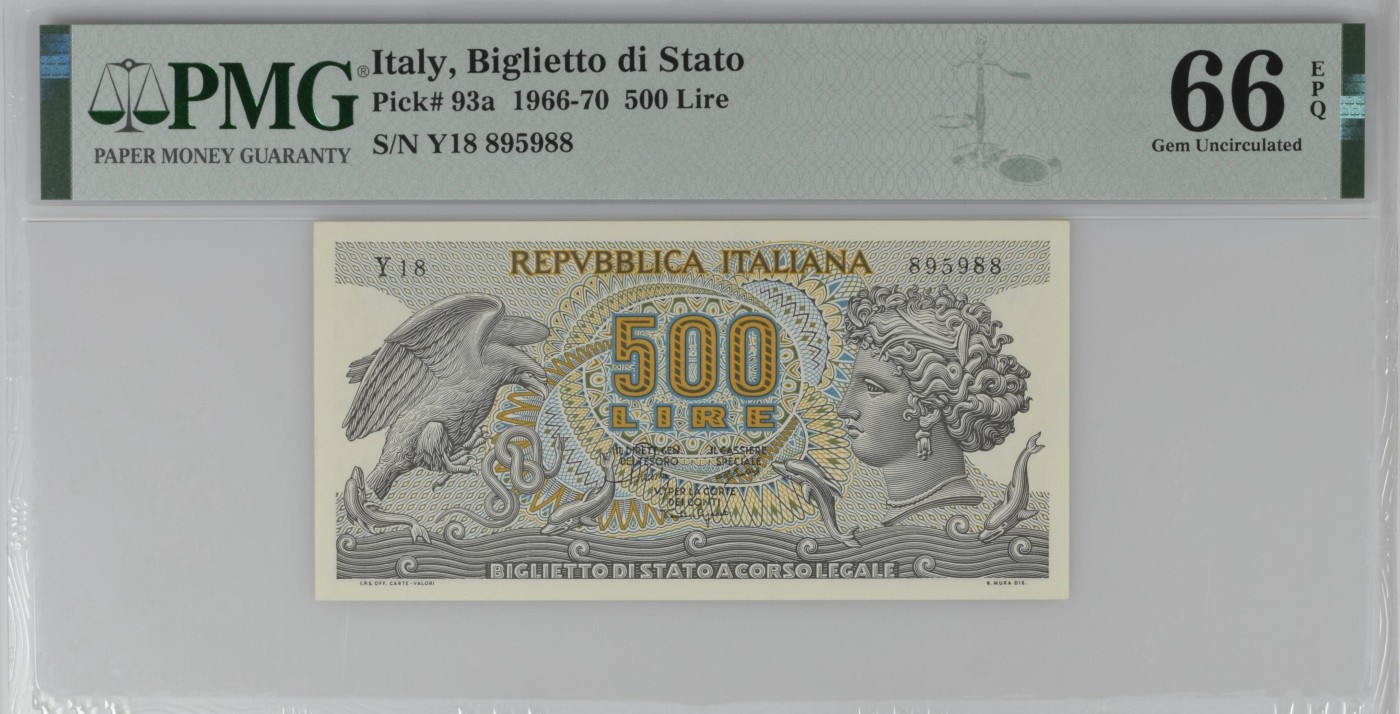 紫瑗钱币——第302期拍卖—纸币场 【PMG 66EPQ】意大利 1966年 小仙女 500里拉 (P-93a)