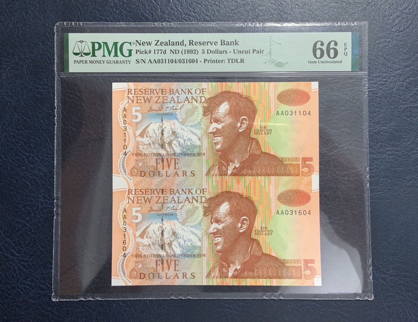 收藏联盟Quantum Auction 第287期拍卖  新西兰1992年5元两连体 PMG66 首发AA冠 登山探险家 希拉里爵士