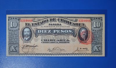 港、澳、台、中外钞、流水签、机签、箱包单、靓号专场第31期 - 墨西哥1914年～1915年10比索 奇瓦瓦州 大票幅 地方钞 纸钞 号码无47 稀少豹子号  1310888 一张/ 右上角边微黄/品相如图