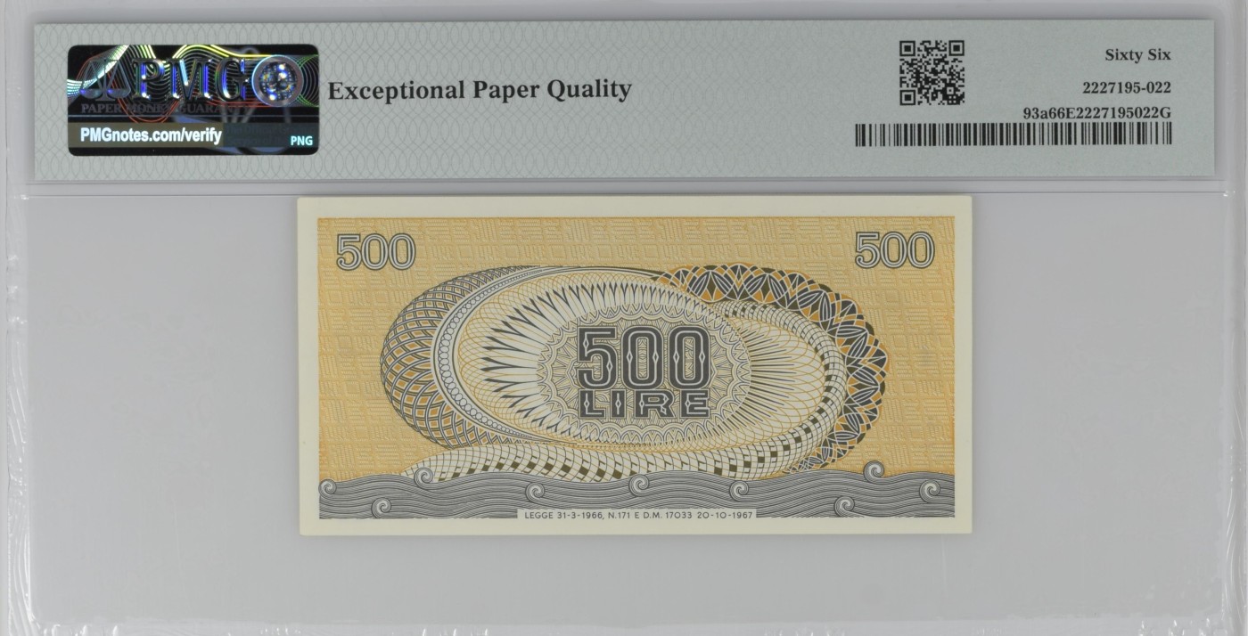 紫瑗钱币——第302期拍卖—纸币场 【PMG 66EPQ】意大利 1966年 小仙女 500里拉 (P-93a)