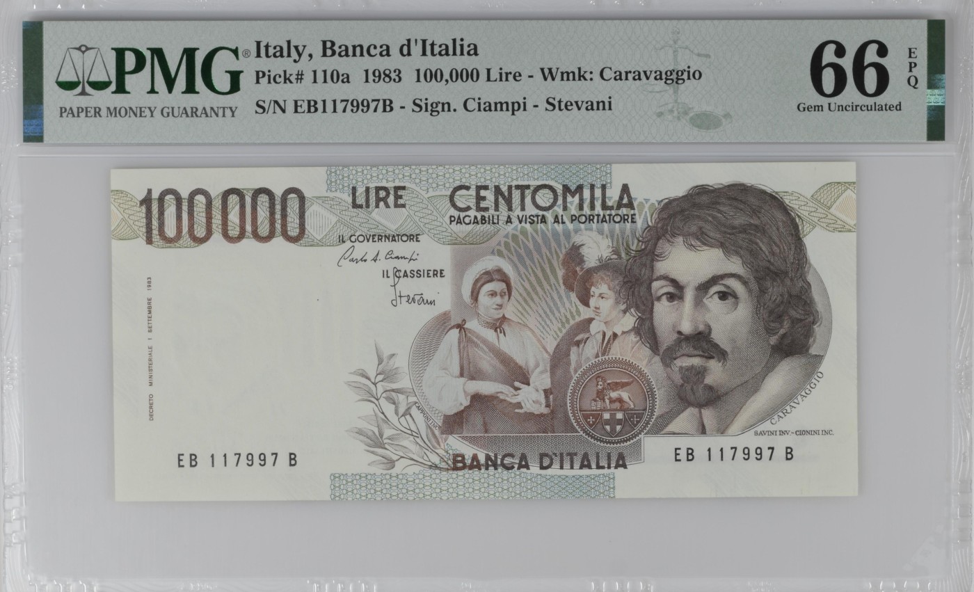 紫瑗钱币——第302期拍卖—纸币场 【PMG 66EPQ】意大利 1983年 达·卡拉瓦乔 水果篮 初版 100000里拉 (P-100a)