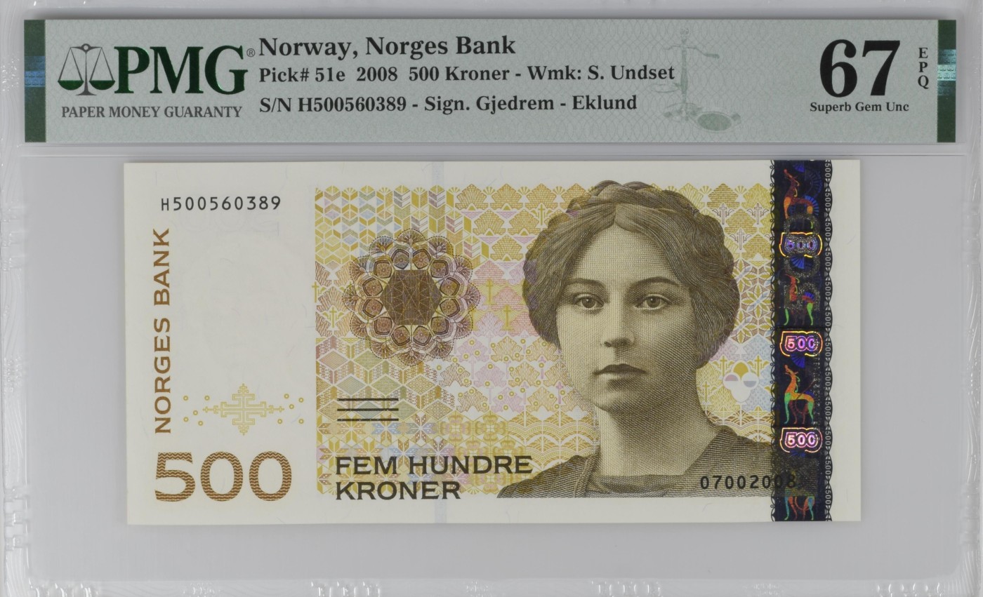 紫瑗钱币——第302期拍卖—纸币场 【PMG 67EPQ】挪威 2008年 温斯特 500克朗 (P-51e)