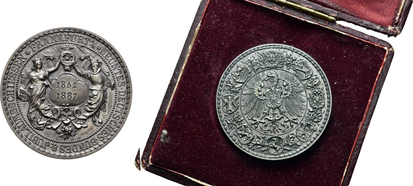 万国钱币拍卖第016期（奢华币章最终章） NGC MS62 1887年德国法兰克福第九届联邦射击节大银章 经典名誉品种原盒取出评级 黑色光泽 40MM 27G