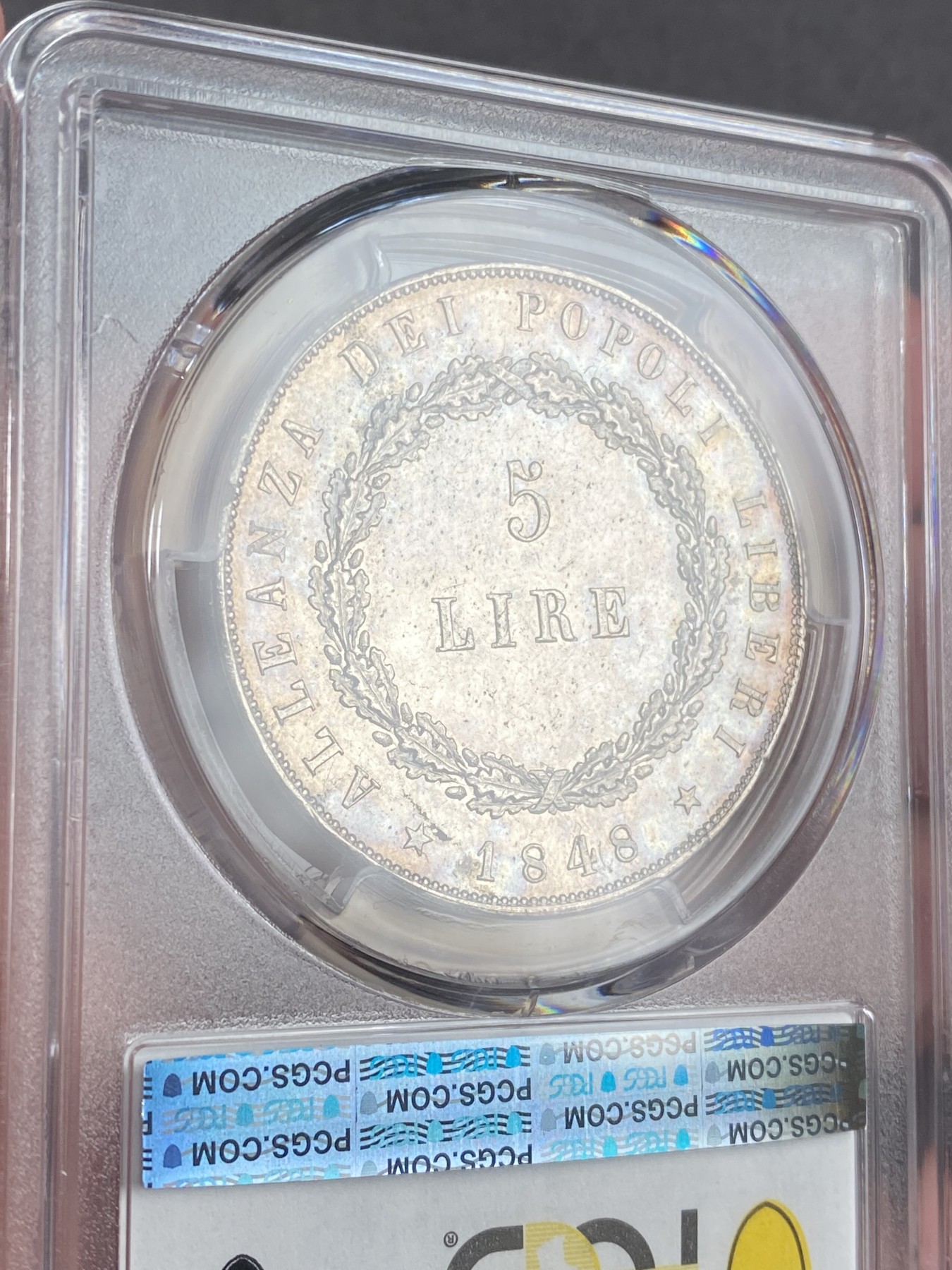 万国钱币拍卖第016期（奢华币章最终章） PCGS MS61 1848年意大利威尼斯临时革命政府飞翔的雄狮5里拉大银币 第二种形态 原味五彩深打 非常漂亮的名誉品种