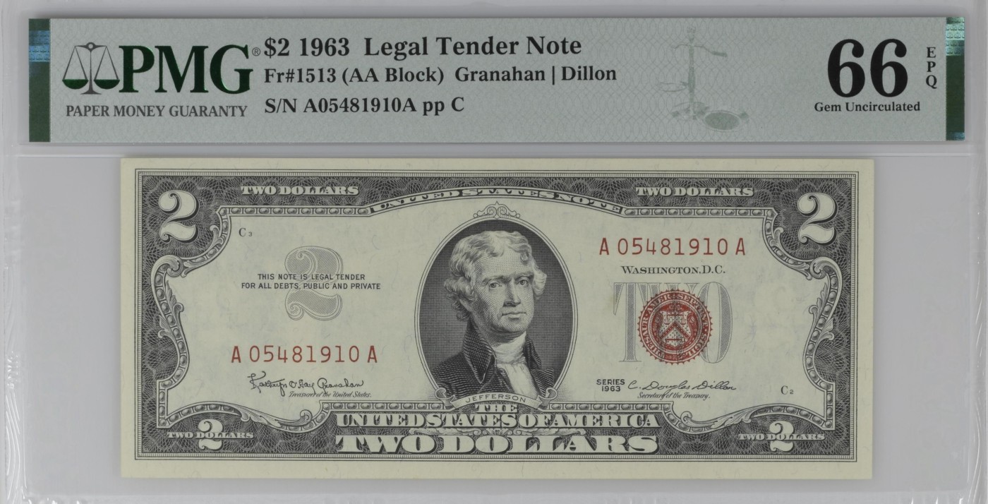 紫瑗钱币——第302期拍卖—纸币场 【PMG 66EPQ】美国 1963年 托马斯·杰斐逊 2美元 红印 (Fr-1513)