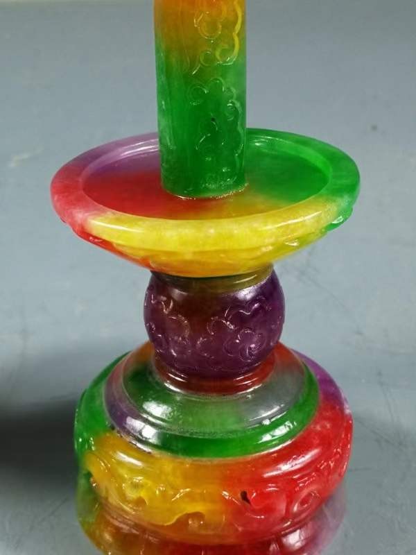 冰种四彩翡翠烛台尺寸:高19.6cm宽5.5cm 重626.5g