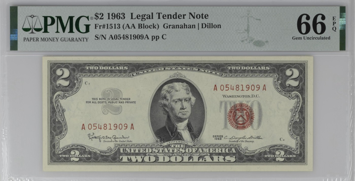 紫瑗钱币——第302期拍卖—纸币场 【PMG 66EPQ】美国 1963年 托马斯·杰斐逊 2美元 红印 (Fr-1513)