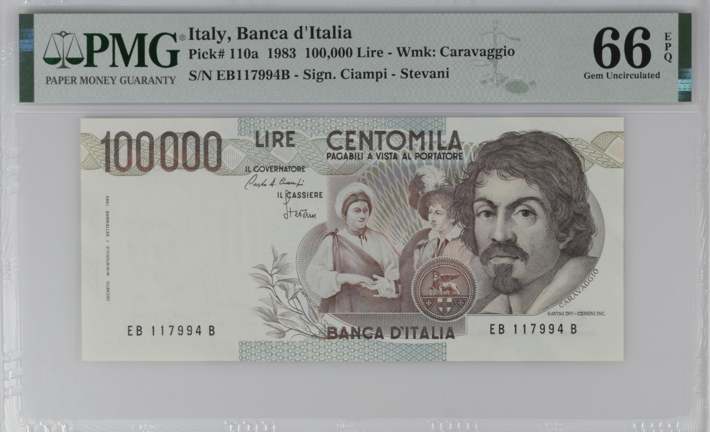 紫瑗钱币——第302期拍卖—纸币场 【PMG 66EPQ】意大利 1983年 达·卡拉瓦乔 水果篮 初版 100000里拉 (P-100a)
