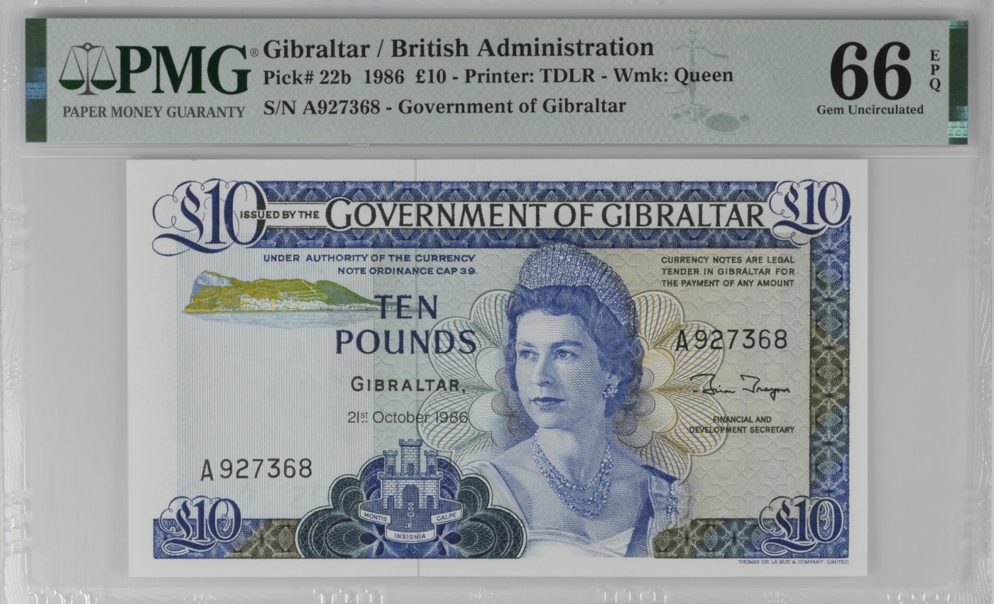 紫瑗钱币——第302期拍卖—纸币场 【首发A冠 PMG 66EPQ】 直布罗陀 1986年 伊丽莎白二世 高冠 10镑 (P-22b)