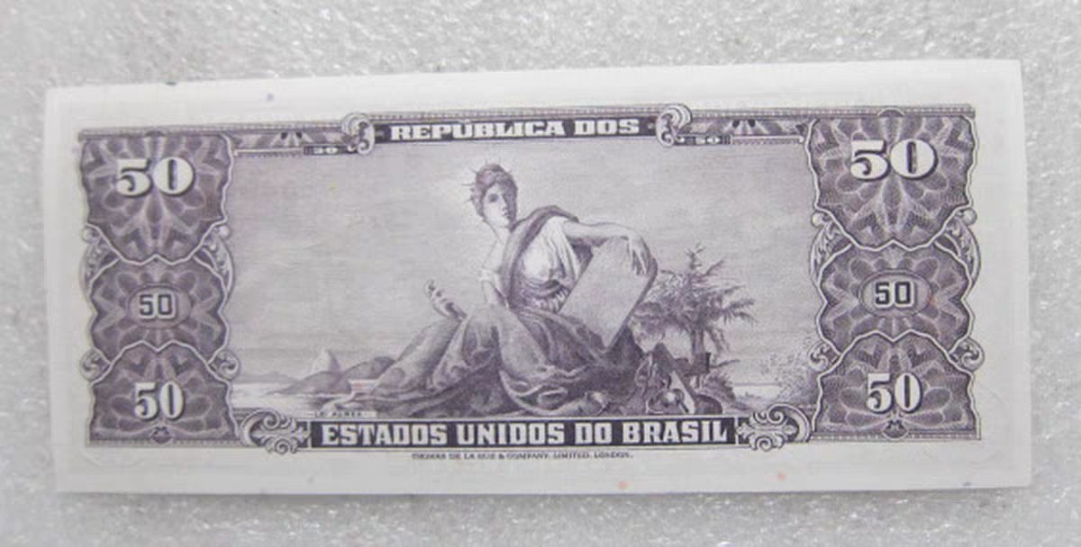 九月九，战地黄花分外香 巴西50克鲁塞罗 纸币 加盖5生丁 1966-67年版外国钱币 有黄斑漏墨