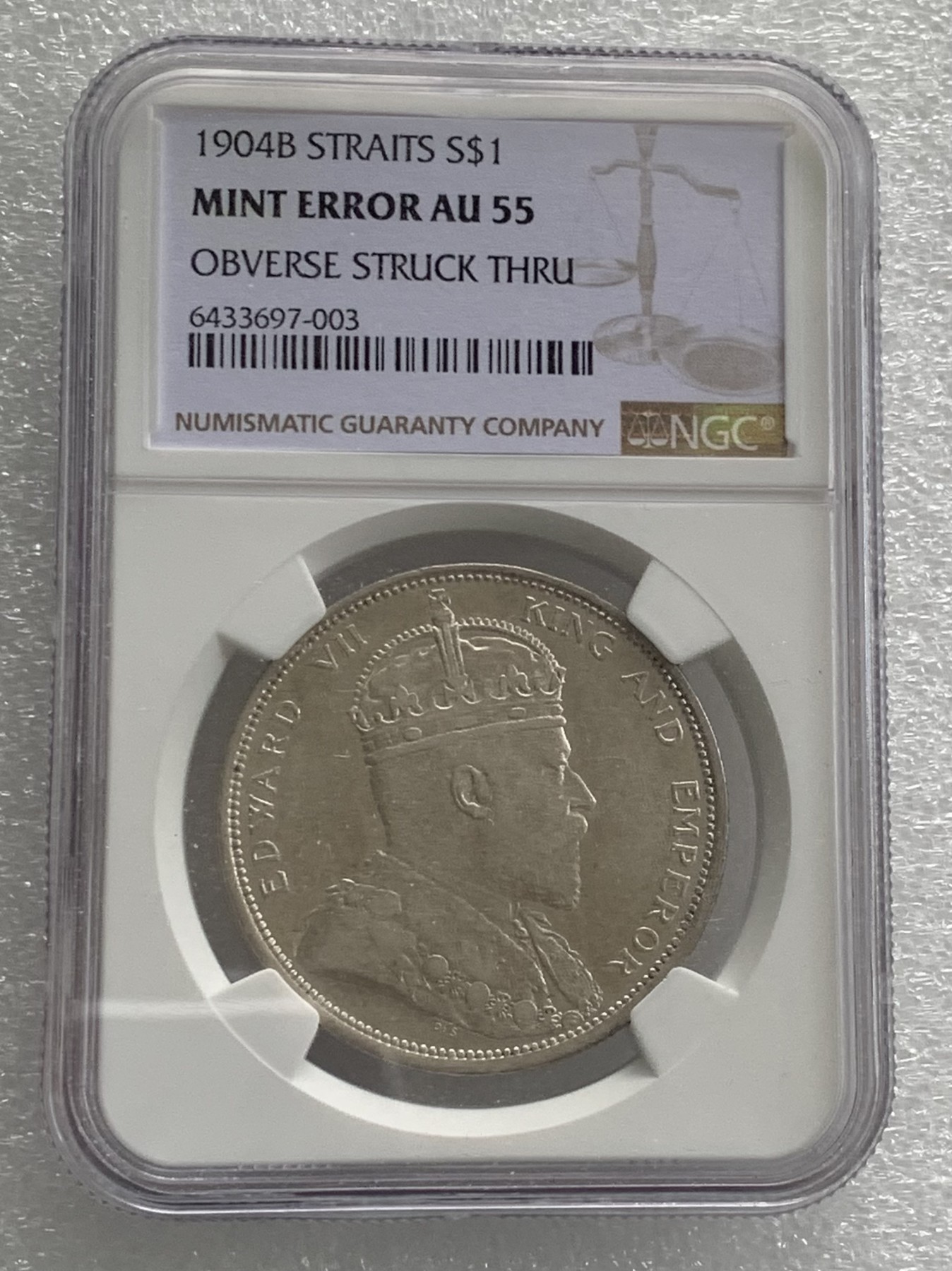 瓶子🏺第108期拍卖会  英属海峡1904年爱德华七世1圆大银币  错版  NGC AU55